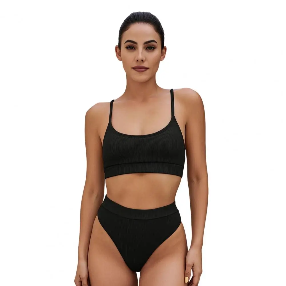 2026 Belly Control Swimwear High Waisted Bikini Set 2pcs Summer Ribbed Bikini Set High-waisted Belly Control Bottoms U-shaped Ba