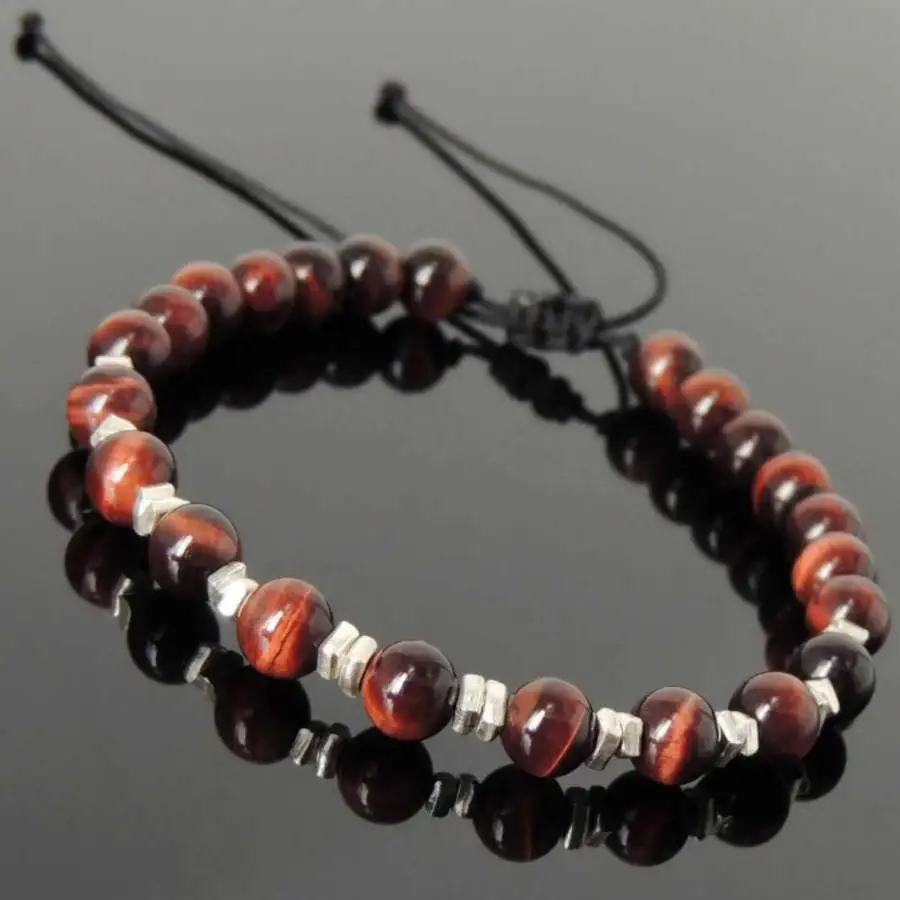 

6mm Natural Tiger Eye Stone Bead Bracelet Men's Adjustable Braided Wristband with Silver Spacers