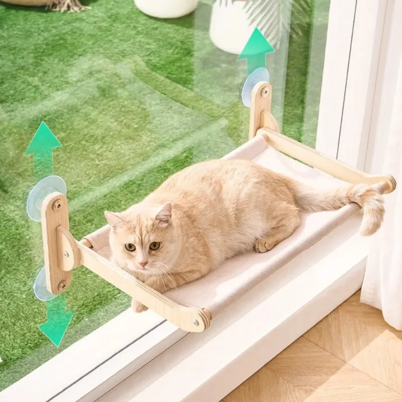 Cat Window Perch with Wooden Frame for Indoor Suction Cup Balcony Habitat Cats Washable Supports Large Cat Supplies Accessories
