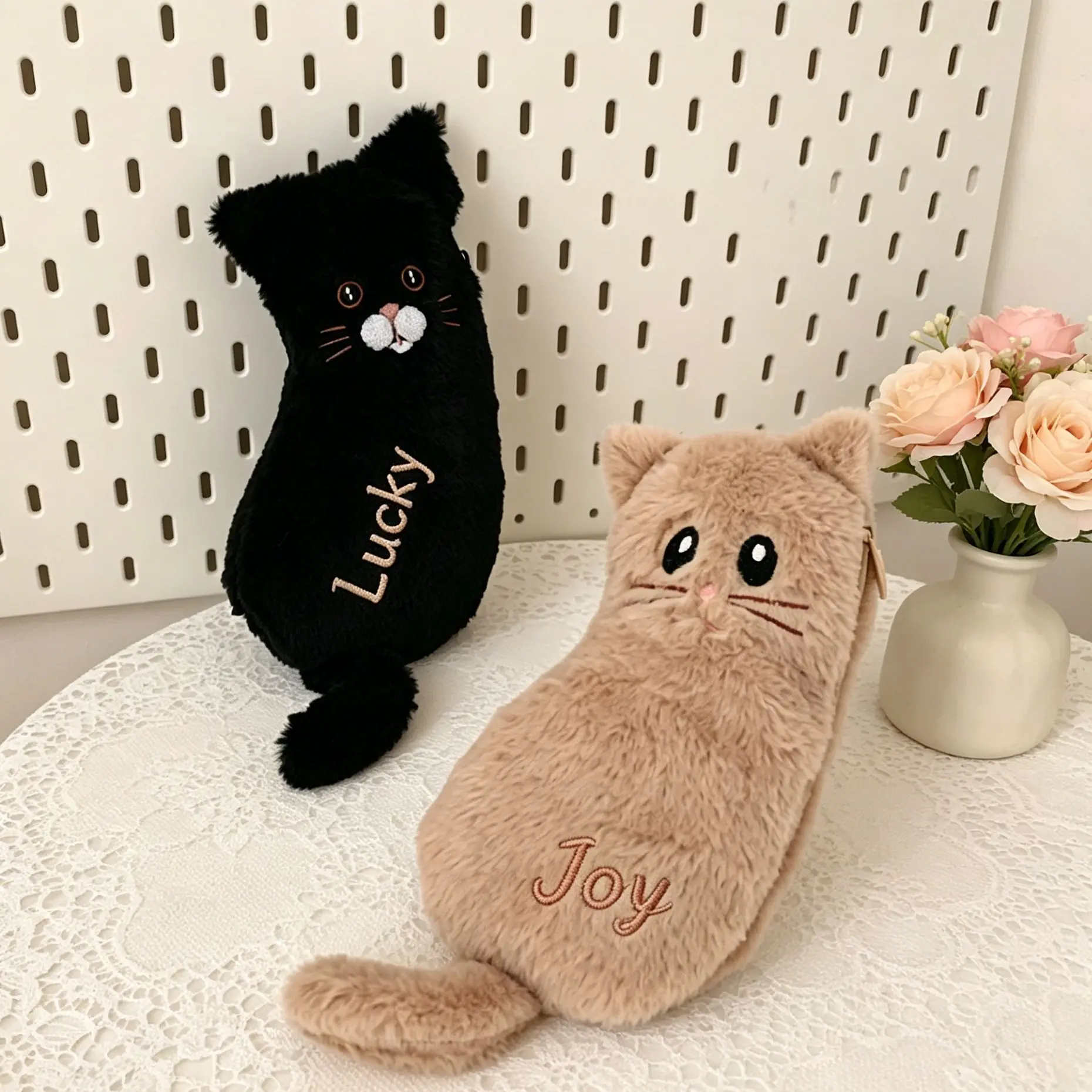 Custom Name Embroidered Plush Cat Pencil Case, Kawaii Cartoon Cat Pencil Pouch, Multifunctional Cosmetic Storage Bag for Student