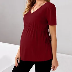 Maternity Tunic Tops Pregnant Shirt Short Sleeve Side Ruching T-shirt Pregnancy Round Neck Solid Color Tee Shirt Summer Clothing