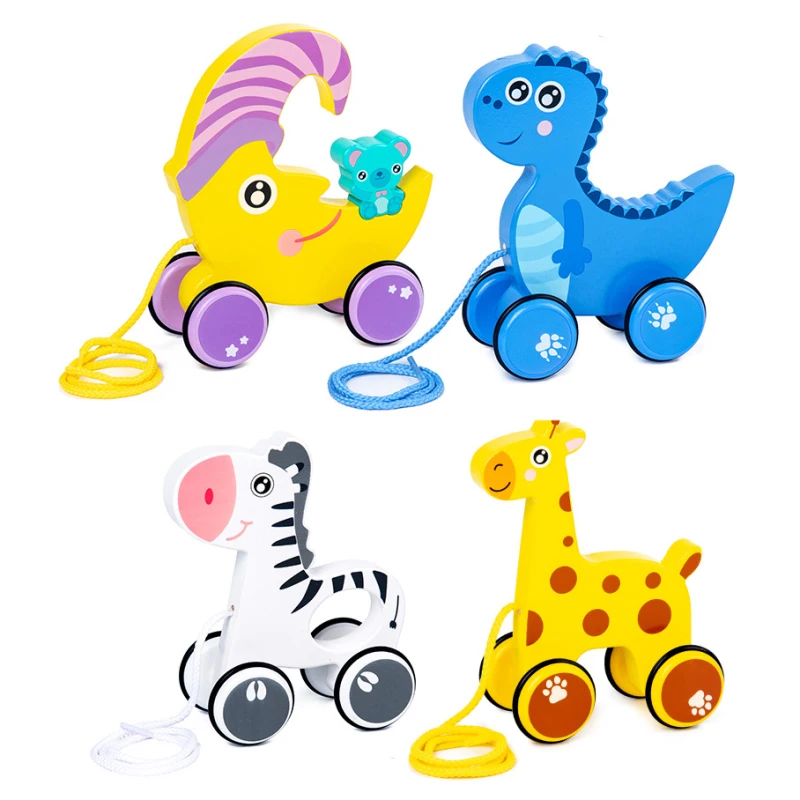 Wooden Cartoon Animal Drag Car Baby Early Education Puzzle Push And Pull Toddler Car Building Block Toy Car Gift