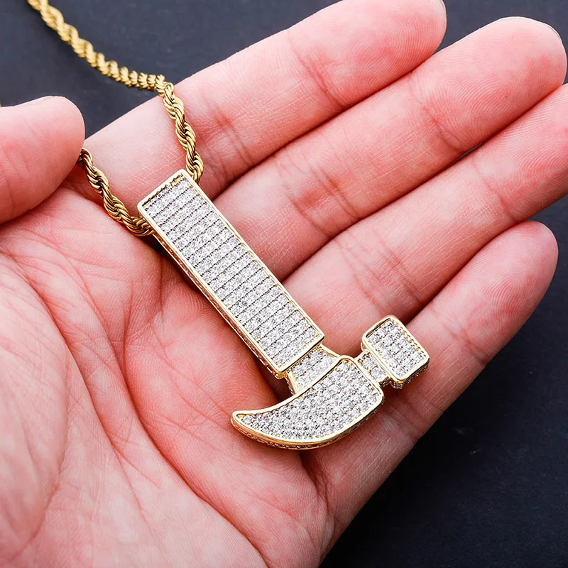 

Hip Hop Micro Pave AAA Cubic Zirconia Bling Ice Out Claw Hammer Pendants Necklaces for Men Rapper Jewelry Drop Shipping