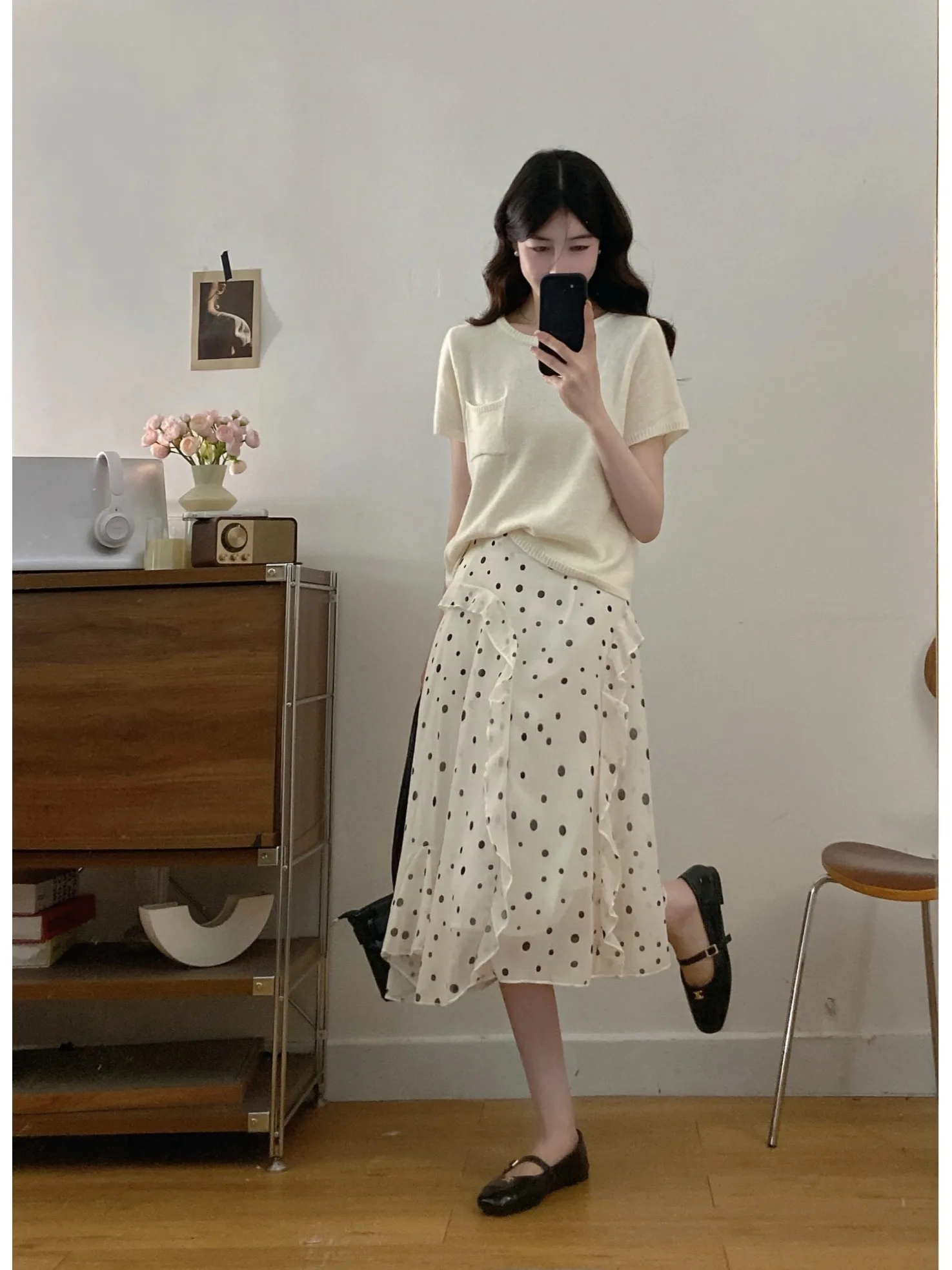 

plus Size Spring Summer Polka Dot Knitted Short Sleeve Set Women's High Waist Skirt Slimming Fashionable Outfit OOTD