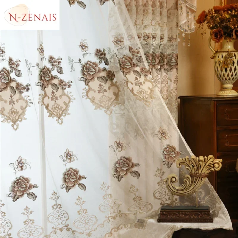 Chenille Valance Tulle Windows Hollow Out Door European Luxury Curtains For Living Dining Room Bedroom Embroidered Beige