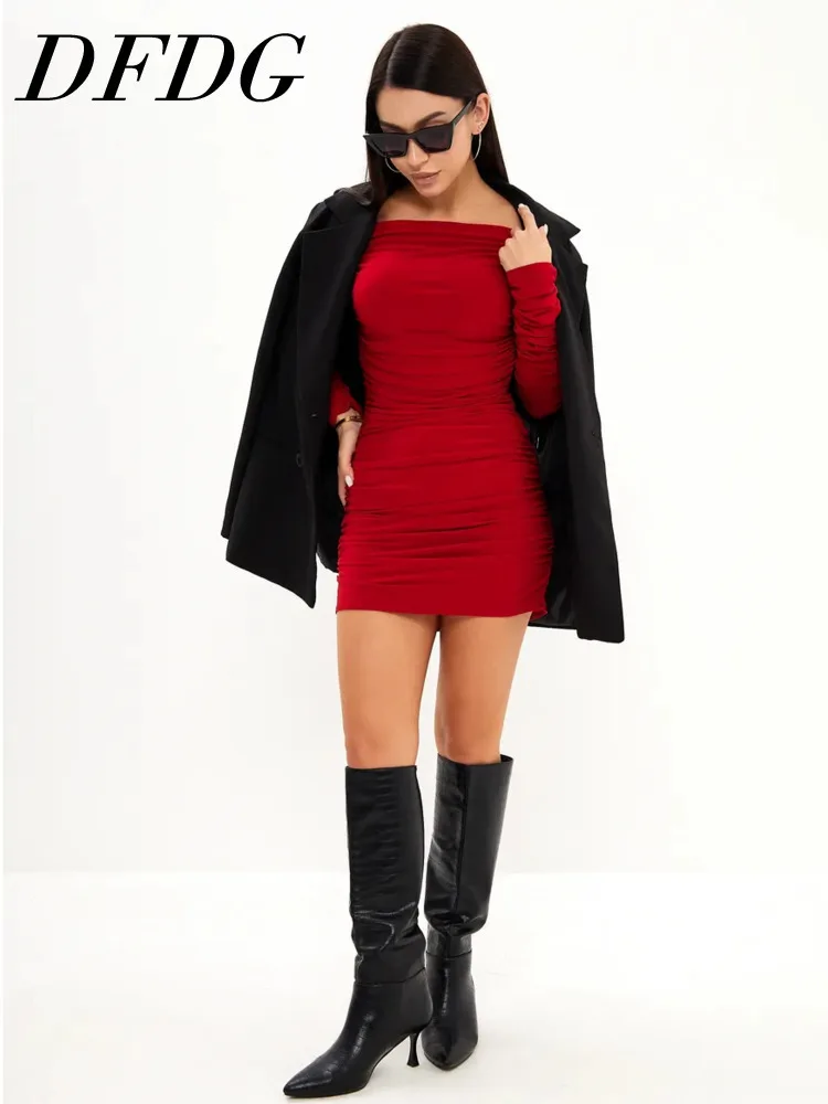 

Женское мини-платье DFDG с высоким воротом и длинным рукавом, приталенное, с драпировкой, для весны-лета, повседневное, для вечеринок, модное, женственное, тренд 2026 года