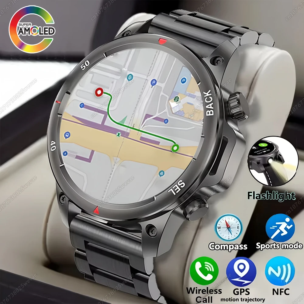 

New GPS Flashlight Outdoor Smart Watch Men Waterproof NFC Compass Bluetooth Call AMOLED Watches Sports Health Monitor Smartwatch
