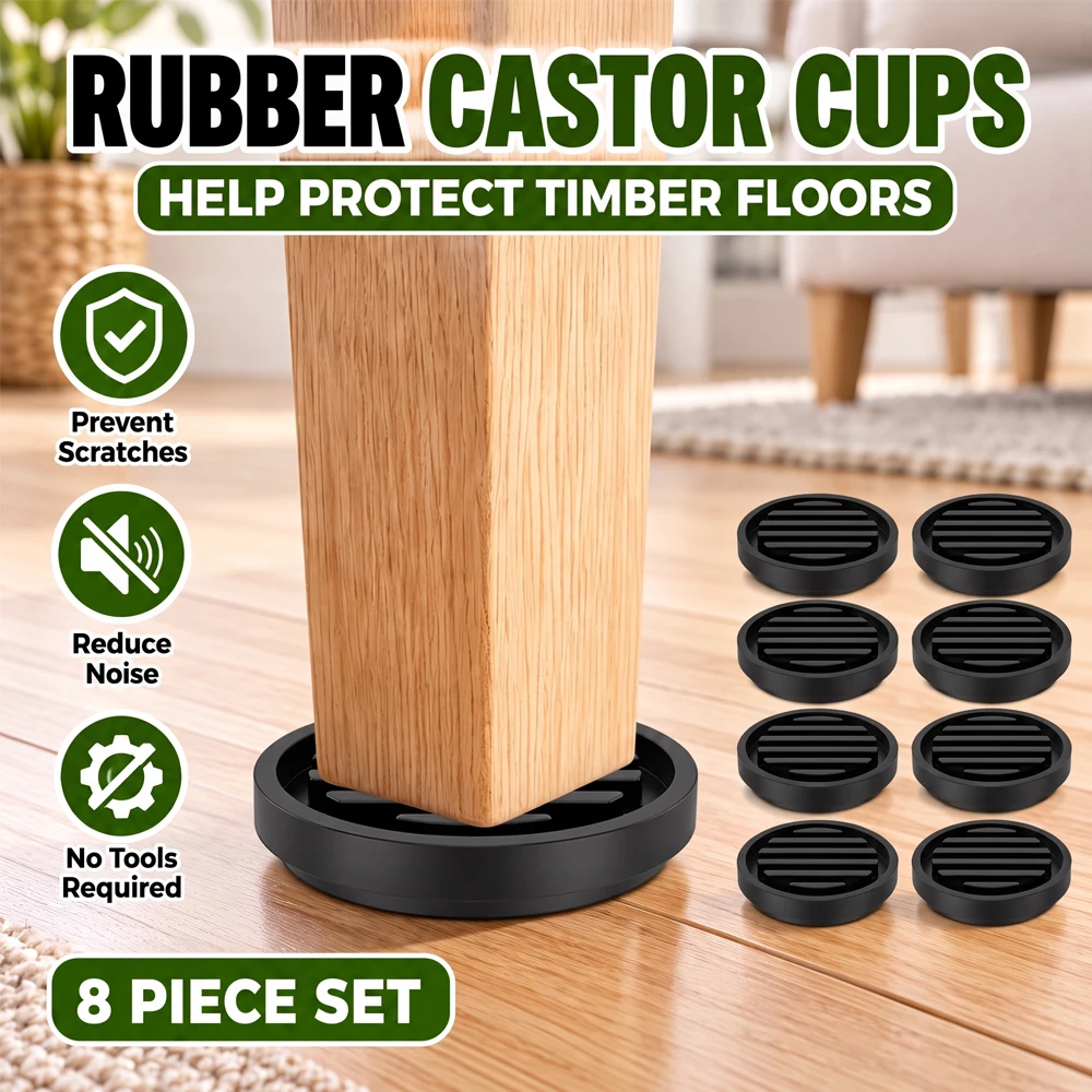 Rubber Castor Cups 8 Pack Non Slip Furniture Wheel Stoppers Floor Protectors for Bed Frames Sofas Chairs and Timber Floors