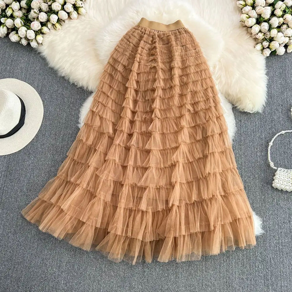 

Spring Summer High Waist Pure Color Khaki Multi-Layered Cake Skirt A-Line Long Dr Slimming Flared Korean Sle Commute