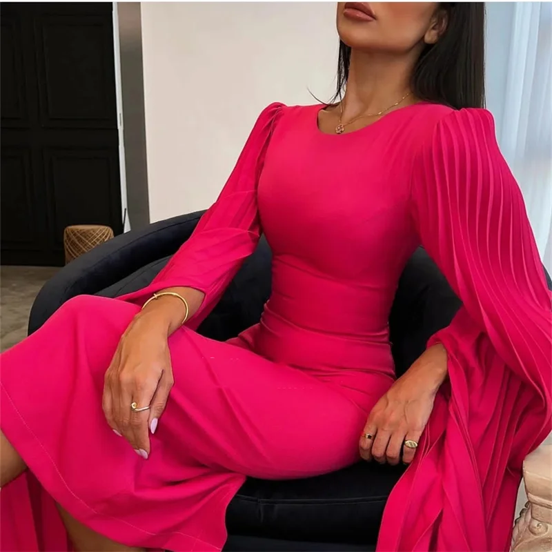 Hot Pink Mermaid Evening Dress Round Neck Long Sleeves Modest Ankle Length Prom Gown Saudi Arbia Long Prom Dress Formal Occasion