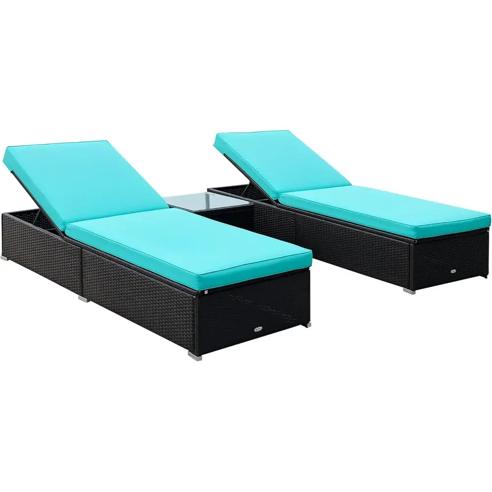 

3-Piece Outdoor Lounge Set with Adjustable Backrest, Coffee Table, Water-Resistant Cushions, and PE Rattan Chairs in Brown/Turqu