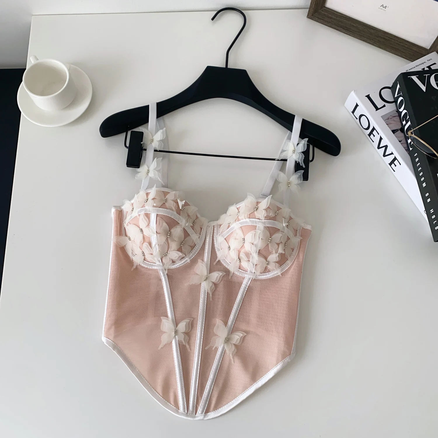 

Sexy Slim butterfly MESH sleeveless Chic Korean Camis Tank Top Fashion Off Shoulder Summer Women Clothing