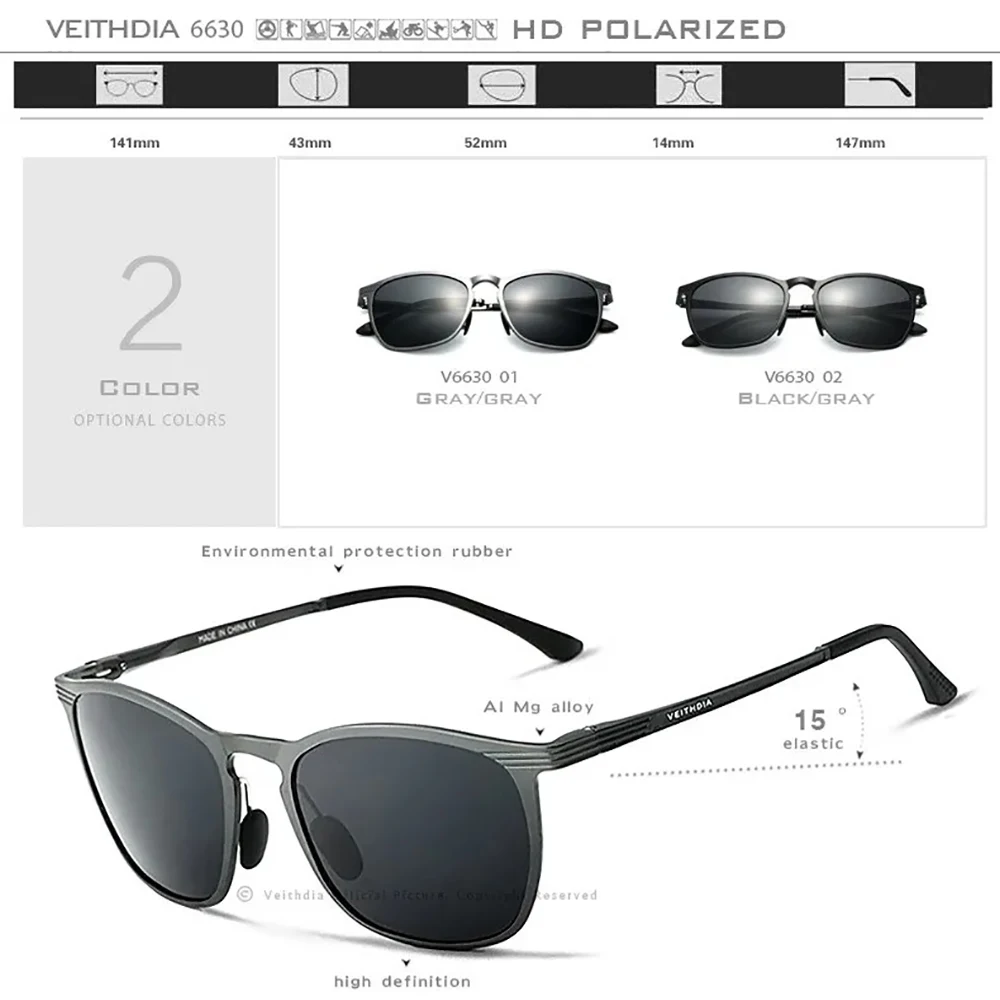 VEITHDIA Sunglasses Unisex Retro Aluminum Magnesium Brand Polarized Lens Vintage Eyewear Accessories Sun Glasses Men/Women V6630