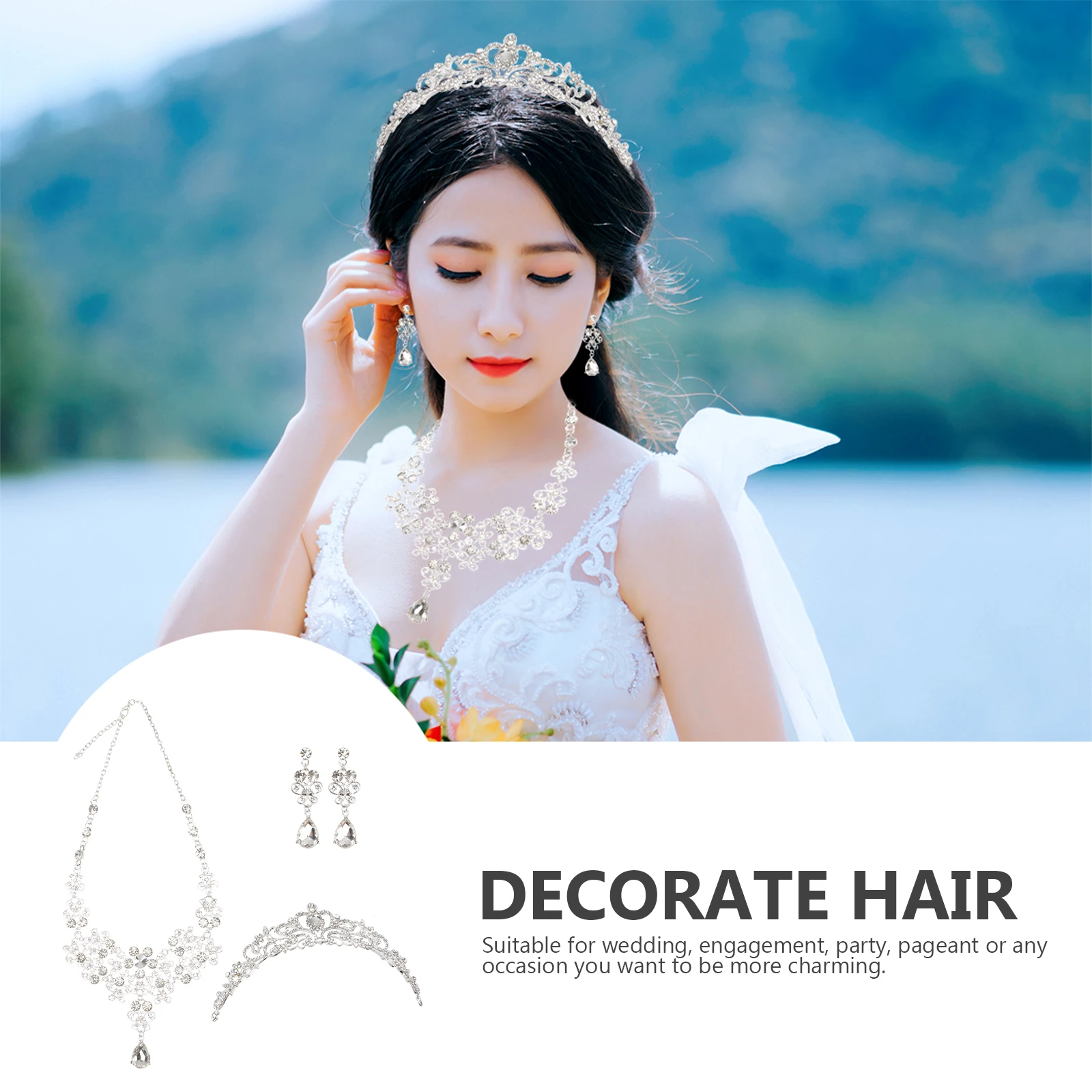 Crown Necklace Earrings Silver Headdress Bridal Crystal Headband Accessories Exquisite Alloy Wedding