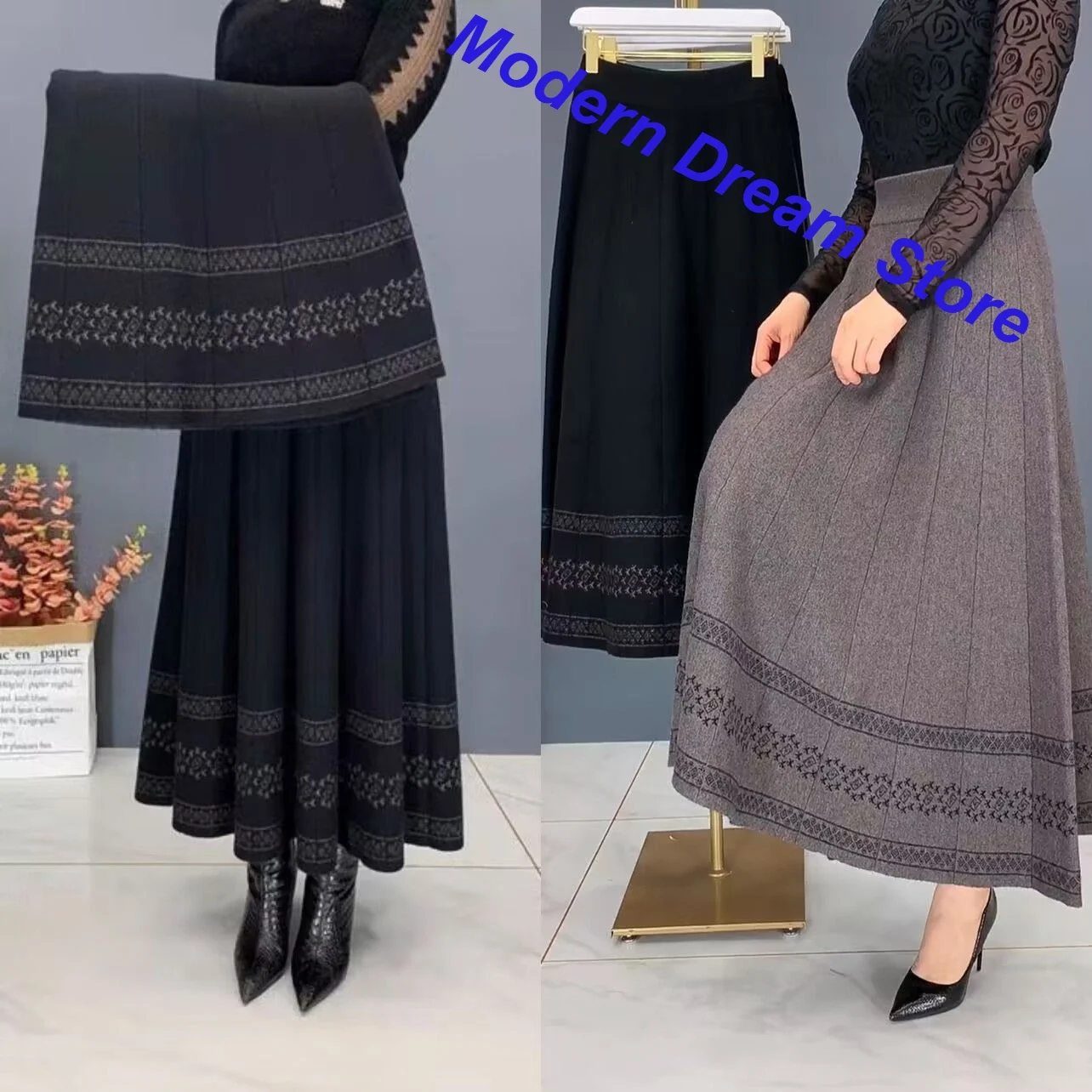 French Retro Solid Color Knitted Big Swing Skirt Women's Autumn and Winter New High Waist Slim Middle-aged and Old-aged Skirt