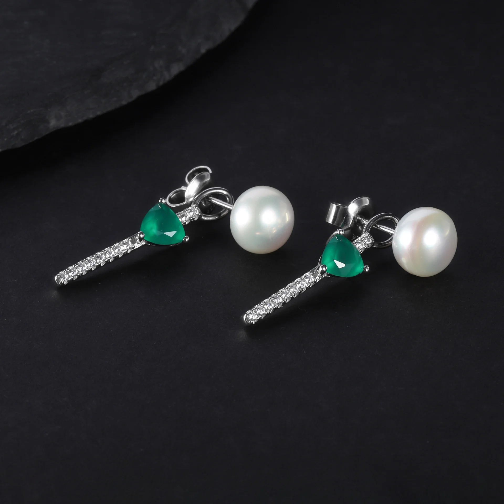 

brand genuine real jewels Fashion and Luxury Freshwater Pearl Female S925 Sterling Silver Inlaid Natural Green Agate Earrings hi