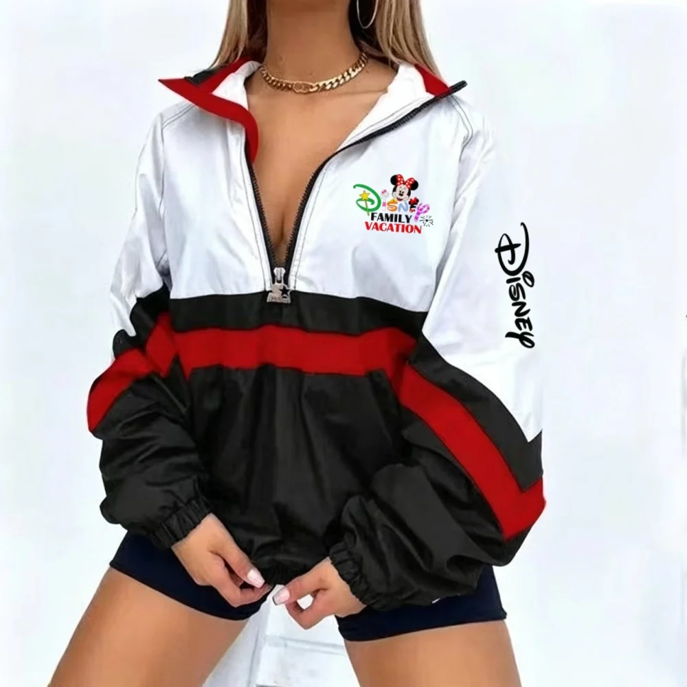 Color blocked half zip windbreaker jacket, retro sports stand up collar, loose long sleeved casual pullover