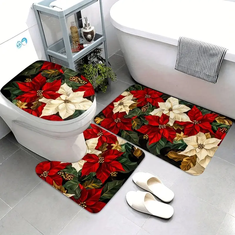 VIKAMA Christmas Toilet Mat Set Poinsettia Floral Print Flannel Bathroom Rug Toilet Seat Cover U Shape Non Slip Floor Mat