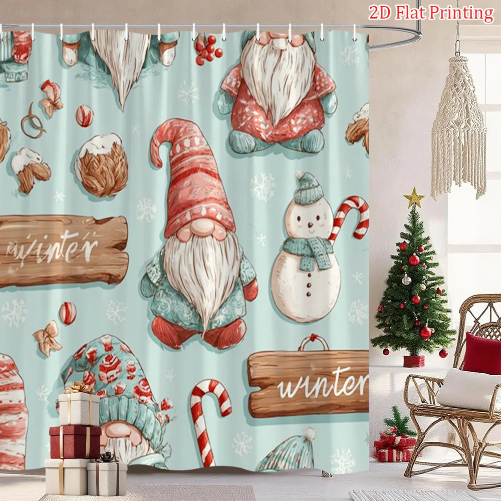

1pc Winter Snowman & Gnome Shower Curtain with Turquoise Blue Snowflakes, Candy Canes & Gingerbread Men - Light Mint Green Bathr