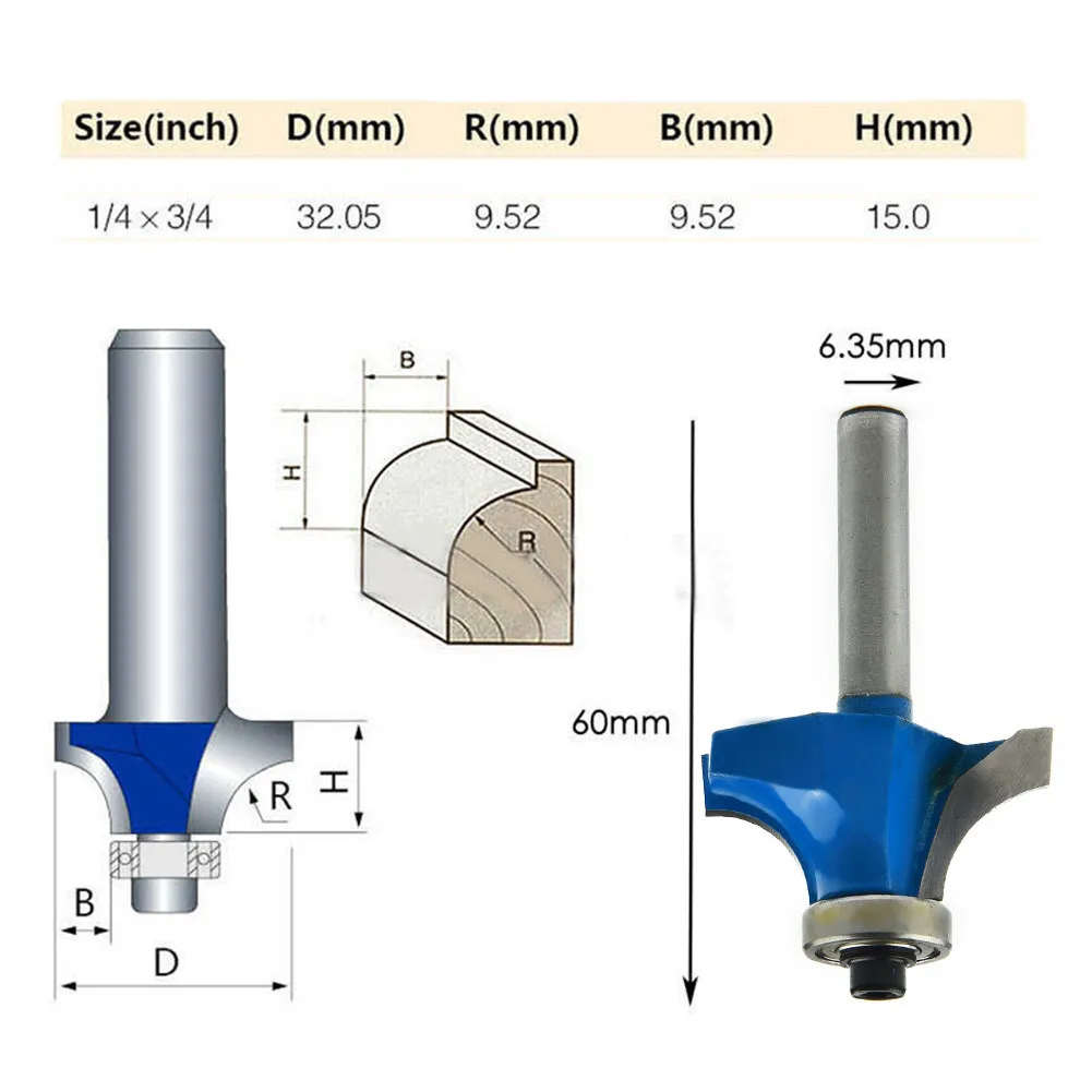 매끄러운 고정밀 1/4 "생크 3/4" 라운드 라우터 비트, 오버 밀링 커터 도구, 고주파 반경, 유용한 핫