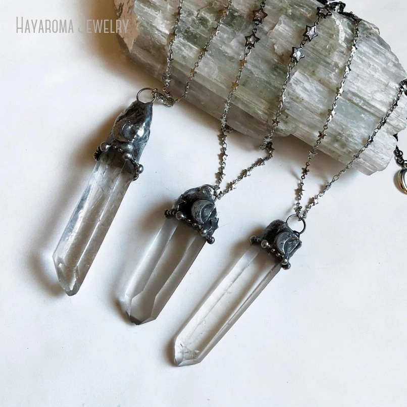 10Pcs Moon Clear Quartz Crystal Point Pendant Necklace Women Witch Wiccan Goth Y2k Star Chain Jewelry