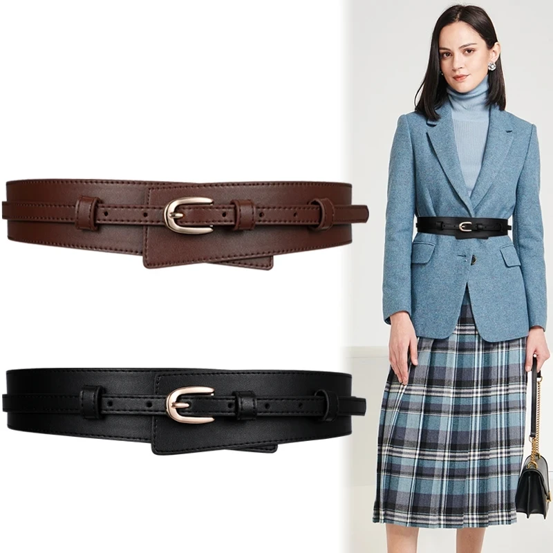 Trendy Pin Buckle Wide Belts Vintage Solid Color Genuine Leather Waistband Classic Dress Coat Girdle For Women