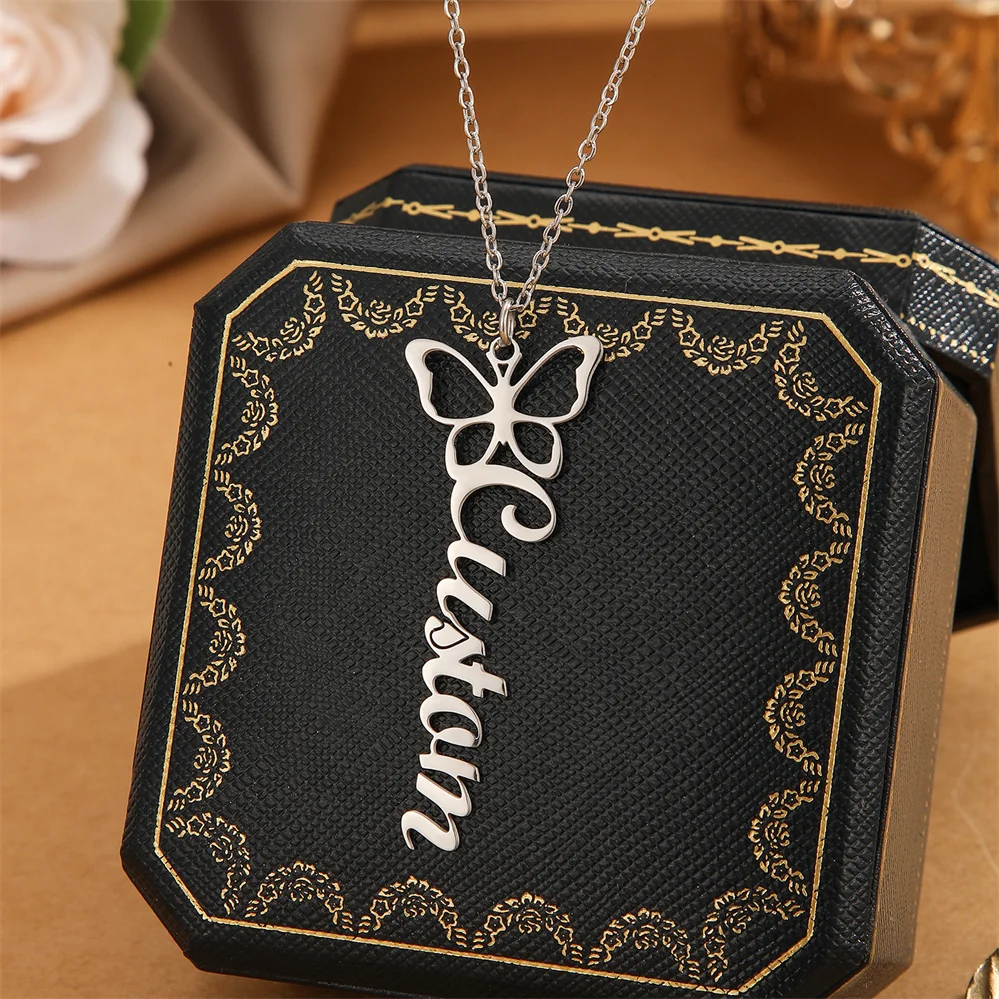 QIMING Personalized Name Necklace With Butterfly Stainless Steel Customized Jewelry Silver Chain Pendant For Women