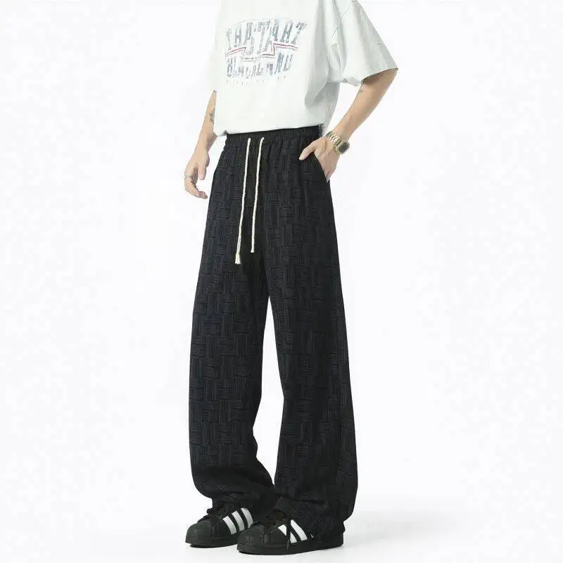WTHT 트렌디 2025 여름 남성 플래드 드로잉 디자인 캐주얼 팬츠 패션 밴딩 하이웨이스트 루즈 와이드 레그 트라우저 남성 2A0941