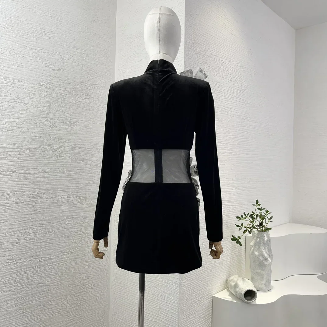 Paillettes fleurs 2024 nouveau Club Sexy noir voir à travers la taille en Tulle haute qualité à manches longues col roulé Mini robes pour dames