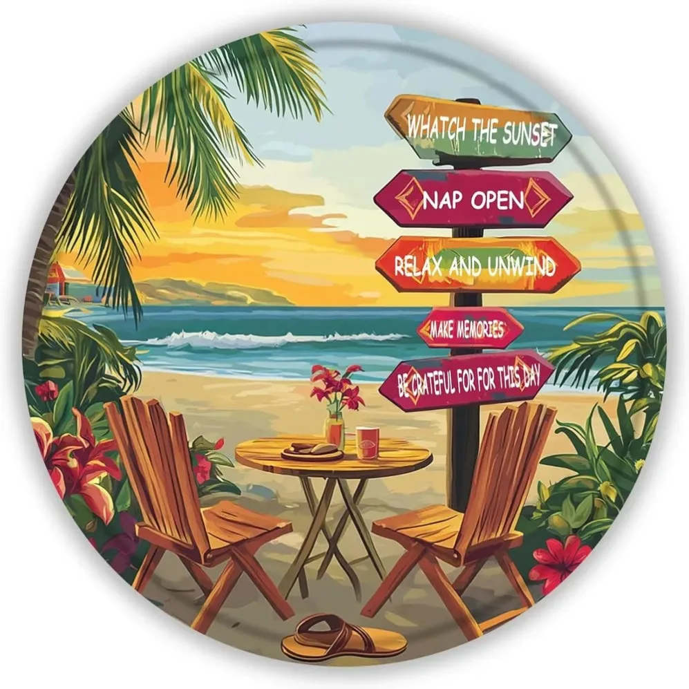 

Round Tin Sign "Watch the Sunset, Chill Out, Relax" - Coastal Style, Rustic Retro,