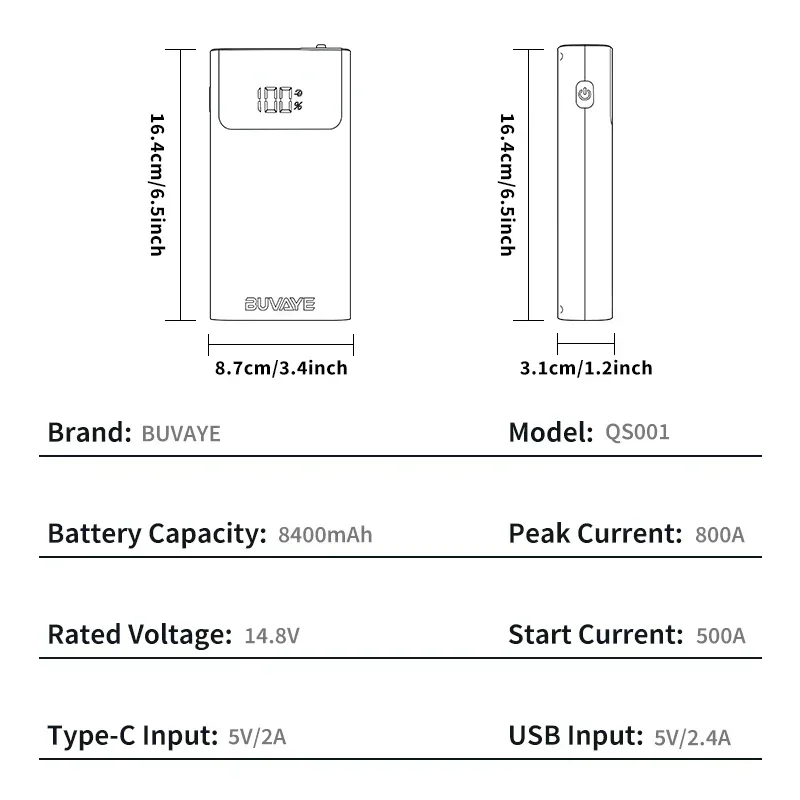 BUVAYE 3 In 1 Car Jump Starter Power Bank LED Lighting Portable Car Battery Booster Small Battery Starter Device For 12V Cars