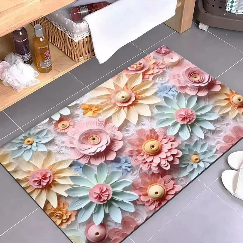 3D Floral Printed Super Absorbent Bath Mat Anti Slip Entrance Door Mats Bathroom Living Room Carpet Waterproof Toilet Floor Rug