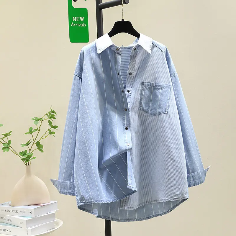 SuperAen Blue Striped Shirts for Women 2026 Spring and Autumn New Korean Style Loose Mid-length Asymmetrical Top