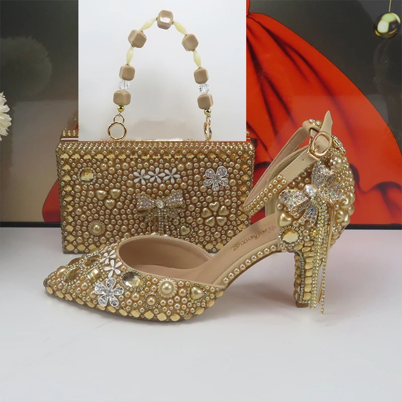 BaoYaFang Champagne Gold Crystal Bridal wedding shoes and Bag Pointed Toe Female Party Shoes Fashion Ankle Strap High Pumps