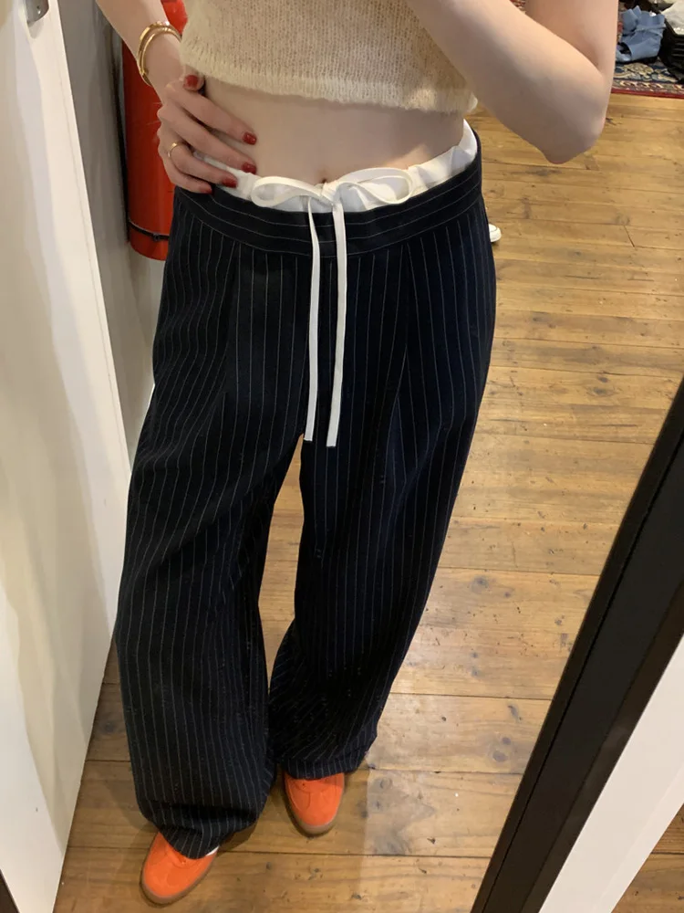 سراويل كلاسيكية مخططة مرقعة عالية الخصر برباط علوي موضة مستقيمة بنطلونات نسائية غير رسمية واسعة الساق فضفاضة Spodnie #4