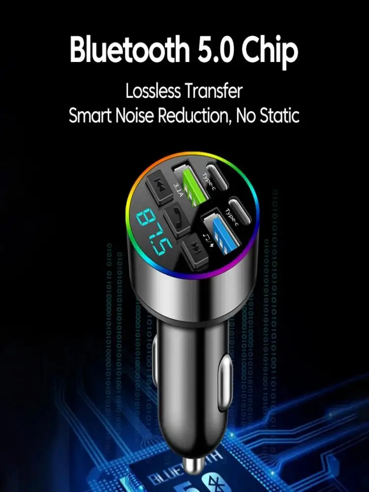 Bluetooth 5.0 Auto-FM-Transmitter Freisprecheinrichtung Drahtloses Auto-Kit MP3-Player Audio-Empfänger 66W USB-Schnellladegerät mit Ambientebeleuchtung