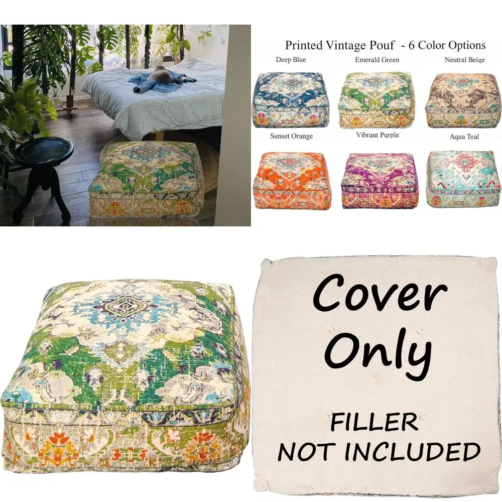 

Moroccan Green Square Mandala Pouf Cover for Meditation, Bohemian Decor, Cotton 24x8 Unfilled
