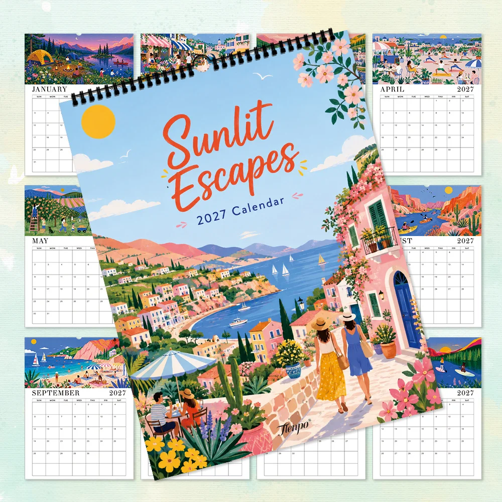 1pc, 2027 Wall Calendar, French Riviera Art, 12 Month Planner for Home Office Decor, Christmas New Year Gift with Stickers
