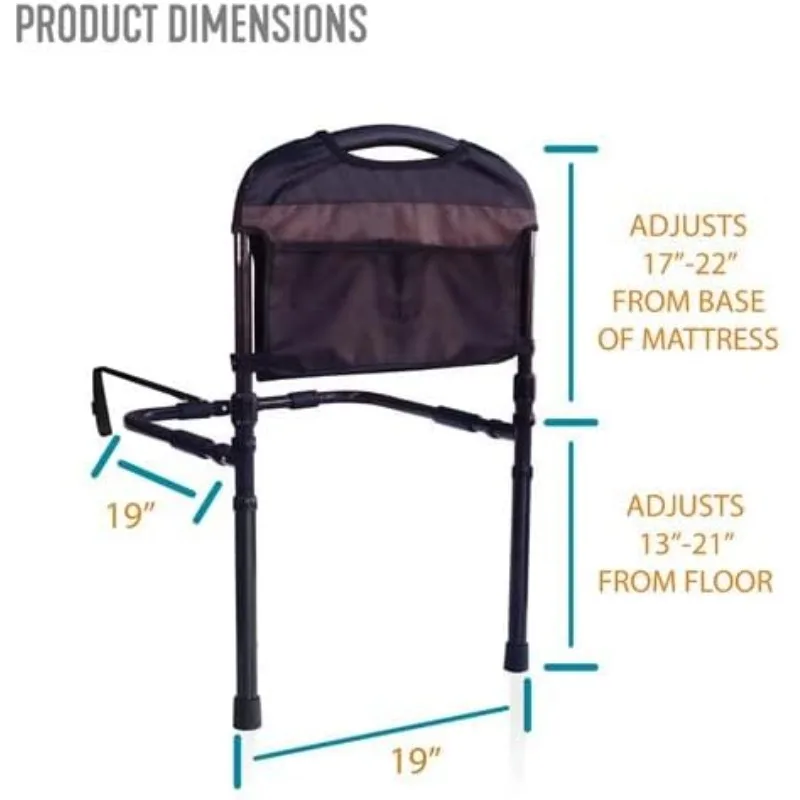 Stable Rail, Bed Assist Rail for Elderly Adults, Senior Bed Handle with Adjustable Legs and Organizer Pouch