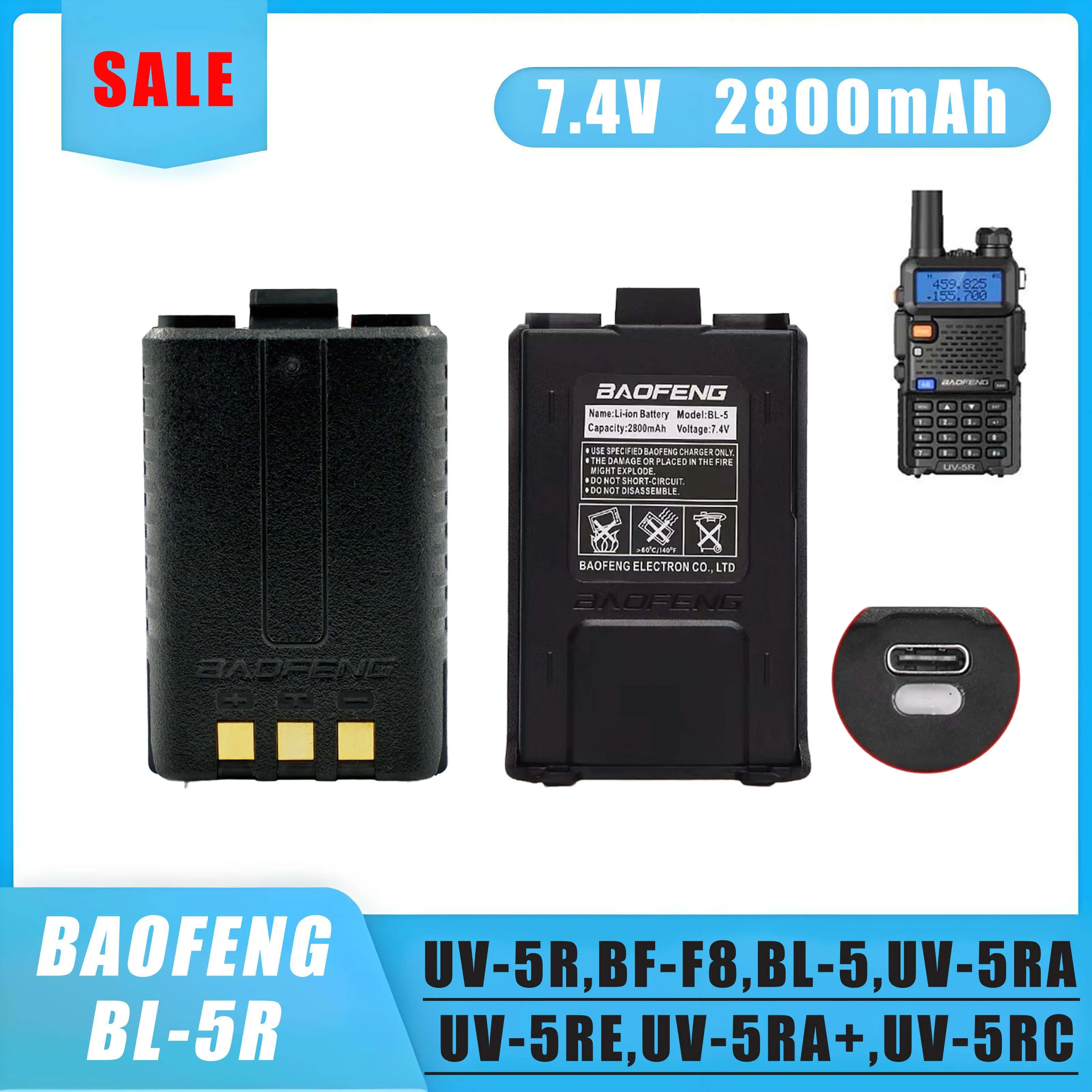 Image of Baofeng Original Batterie UV5R Batterie 2800Mah Lithium-ionen Batterie DC 7,4 V Tpye-c Für BL-5 UV-5R UV-5RA UV-5RE BF-F8 Zubehör
