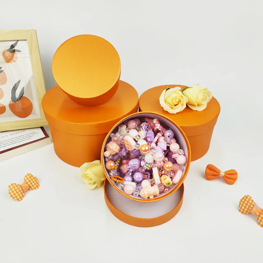 

4Pcs Luxury Orange Gift Boxes Round Cardboard Valentine's Day Wrapping Box Wedding Party Rose Flower Packaging Decoration S016