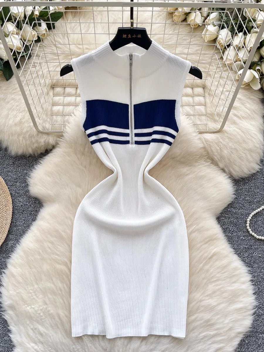 Foamlina Fall Striped Knit Sleeveless Dress Women's 2025 New Elastic Slimming Bodycon Vest Sweater Dress for Autumn
