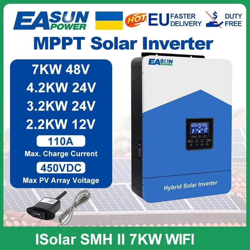 Easun Power 7000w 4200w 3200w 2200w 12v 24v 48v MPPT Hybrid Off Grid Pure Sine Wave 80a 110a 230v 50/60hz Solar Inverter Charger