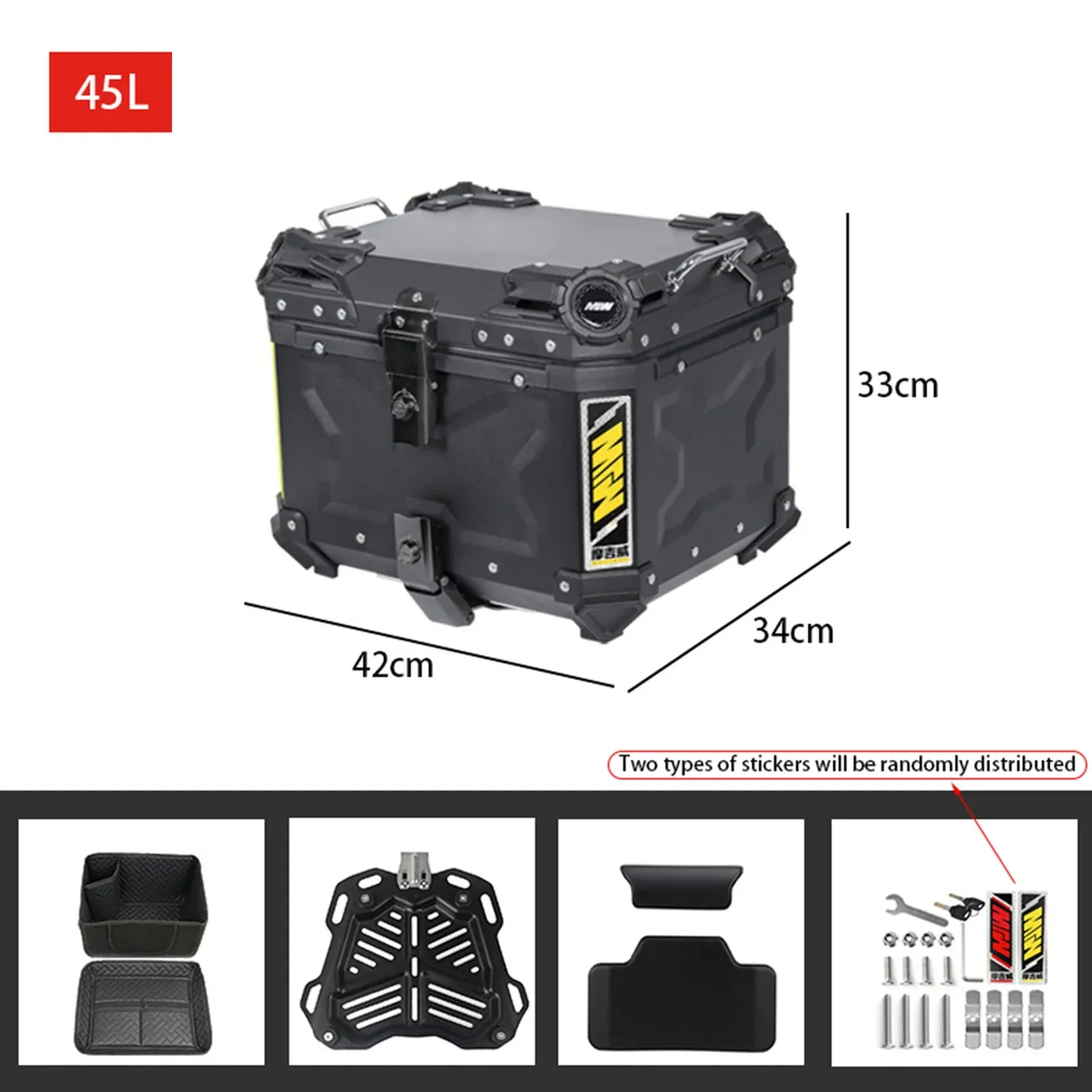 Universal 45L Motorcycle Rear Box Aluminium Tail Box Carrier Tool Case Waterproof Motorbike Trunk Helmet Box With Bracket Base