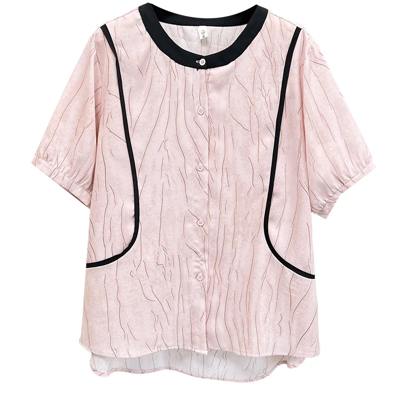 

Летние блузки весом 100 кг, новый дизайн, полосатая рубашка с короткими рукавами и цветными блоками, женские топы больших размеров 122