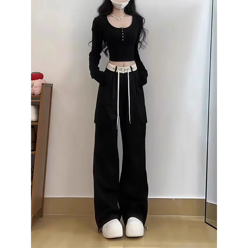 Calças cargo pretas femininas cintura alta solta ajuste emagrecimento calças largas