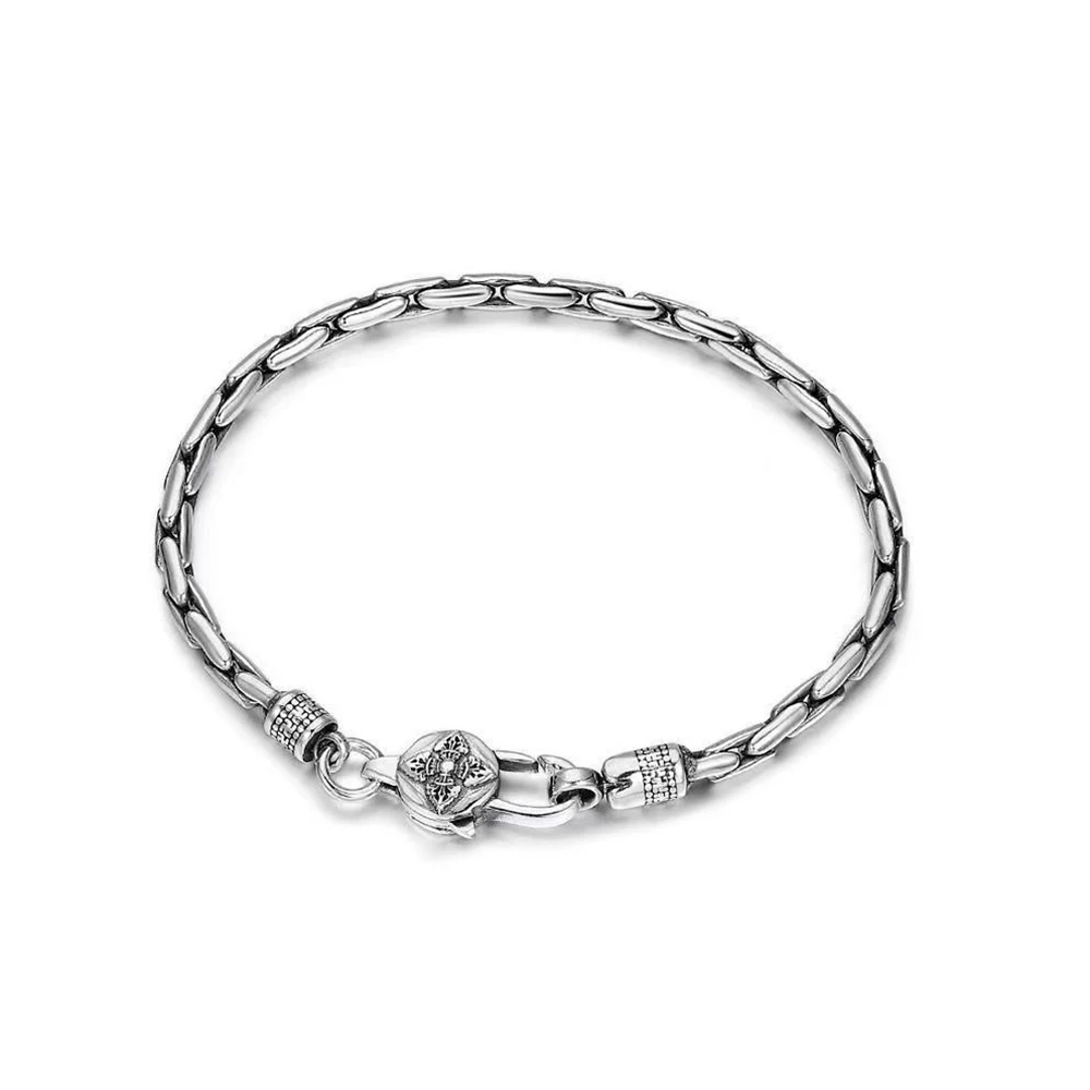 Exquisite Silver Bracelet 3MM 18/10/22cm Retro Snake Bone Chain Sculpture Petal Vajra Buckle For Men Fashion Charm Jewelry