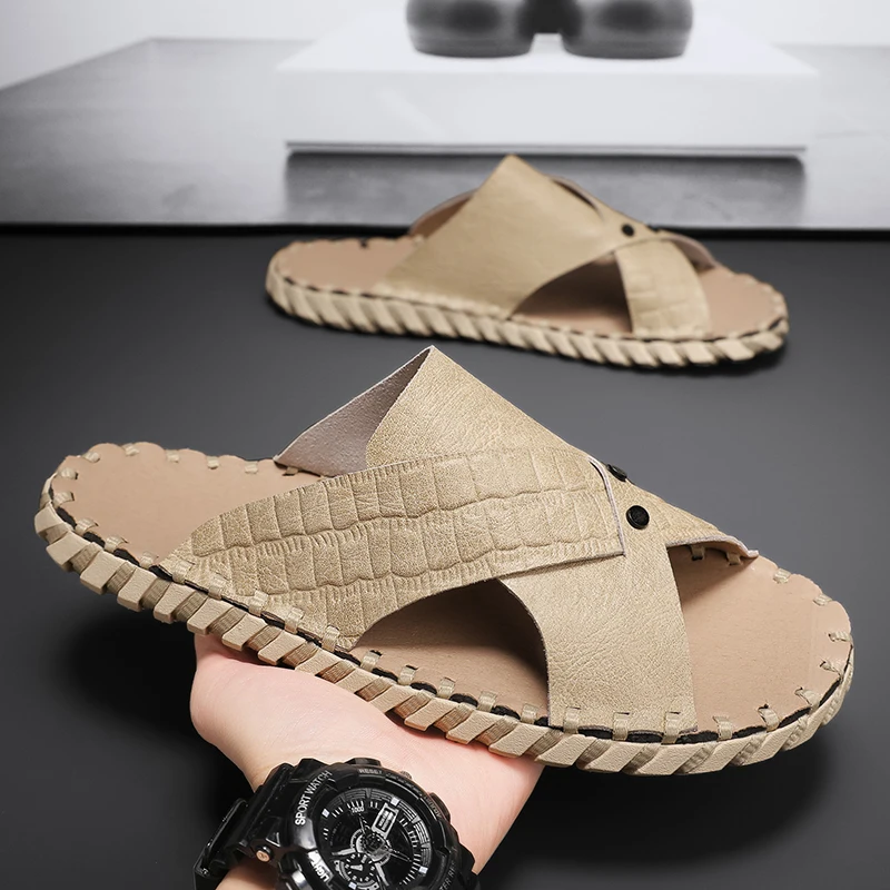 

Классические однотонные удобные сандалии, мужская обувь, новинка лета 2024, мужская пляжная обувь, модная уличная обувь из мягкой кожи, большой размер 46