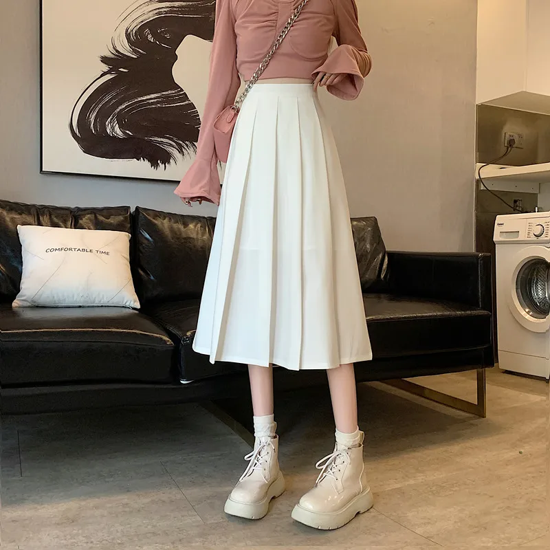 Skirts Women Solid A-line High Waist Folds College Kawaii Sweet Preppy Korean Style Ins Basic All-match Fashion Hot Sale Mujer