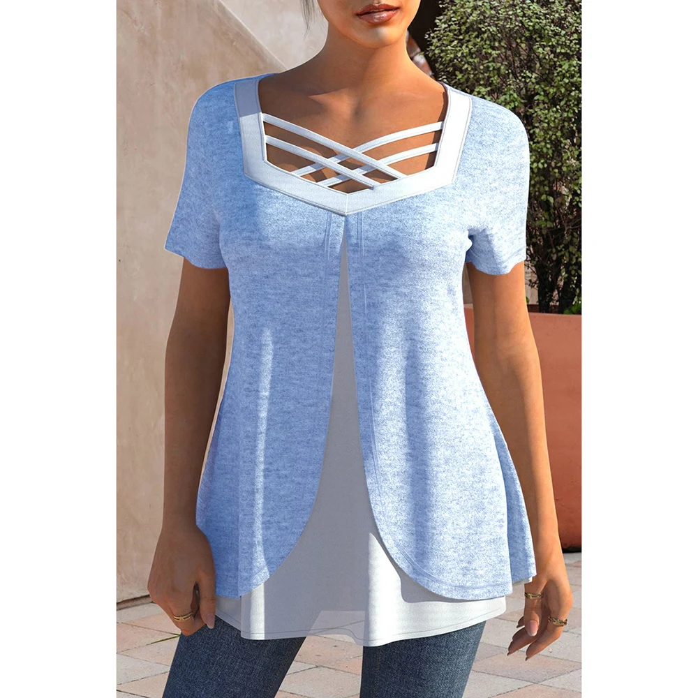 Plus Size Casual Women's Shirt with Cross Straps 3/4 Sleeves Breathable Lightweight Summer Fashion T-shirt Women's Short-sleeved